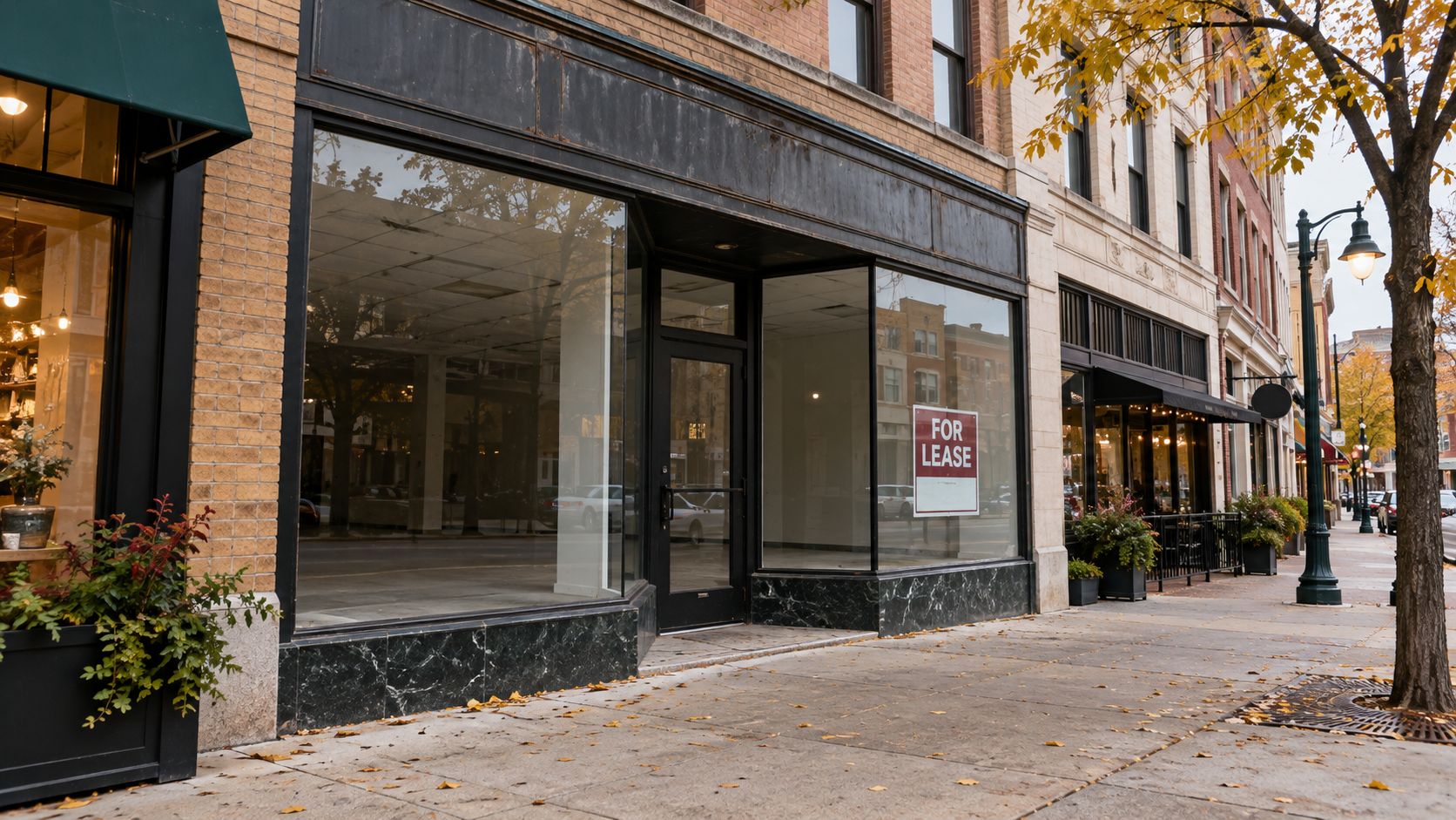 Vacant three-story red brick commercial building at 402 Dousman Street in Green Bay, with covered upper windows and empty, papered-over storefronts.